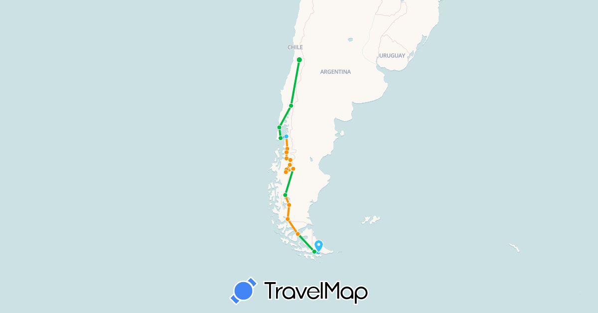 TravelMap itinerary: driving, bus, boat, hitchhiking in Argentina, Chile (South America)